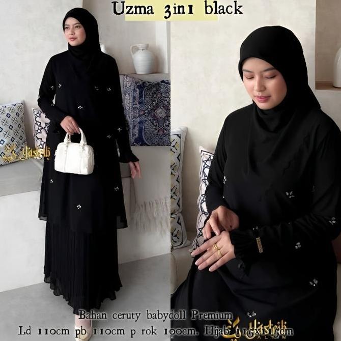 BEST SELLER UZMA SETELAN GAMIS WANITA MUSLIMAH 3 IN 1 TUNIK ROK PLISKET HIJAB BAHAN CERUTY BABYDOLL 