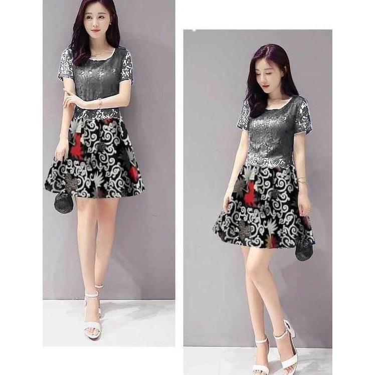 Harga Miring Dress Pesta Wanita Brukat Batik Polos Baju Kondangan Wanita Remaja Dewasa Motif Bunga G