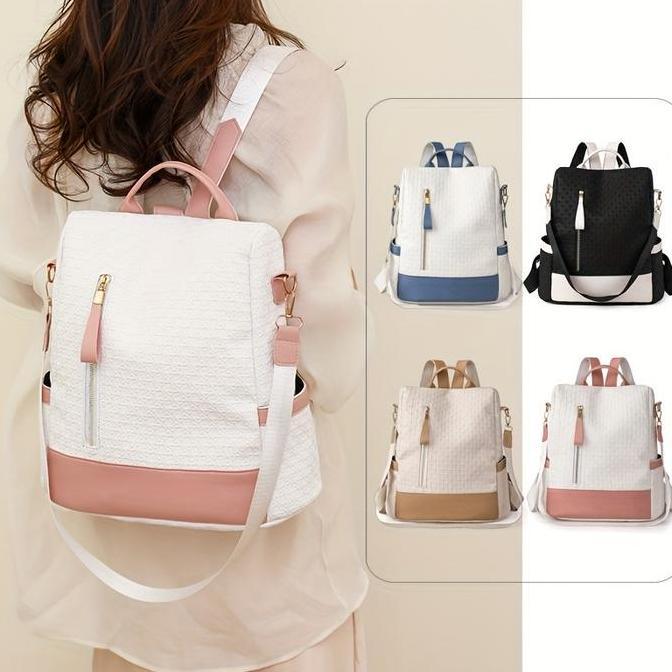 2satuseller  - bisa tas ransel wanita serbaguna tas gendong kulit sintetis motif embos multifungsi a