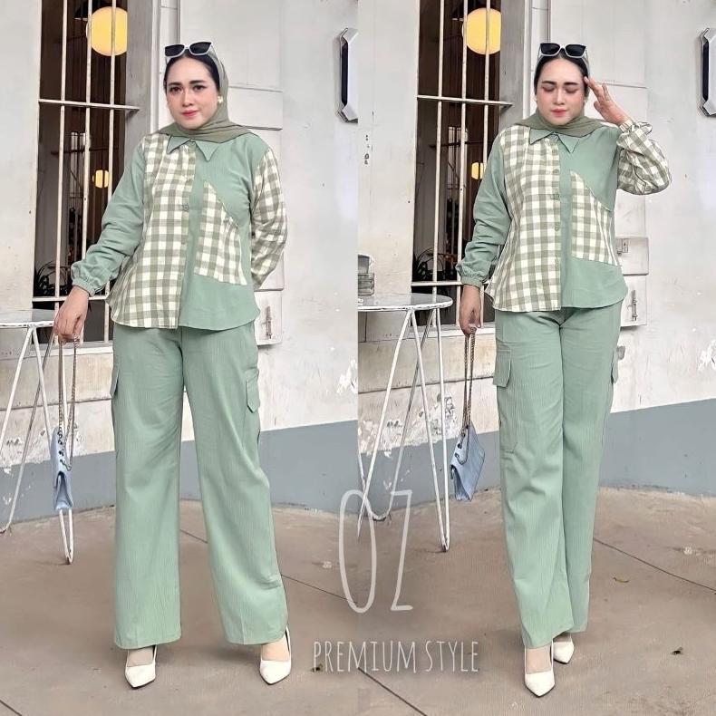 Disc Oneset Cargo Wanita Kemeja Kotak Linen Premium Setcel Kekinian Busui Trendi