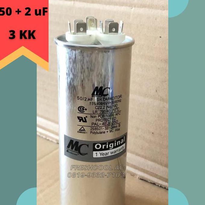 Autonix- Kapasitor Ac / Capacitor Ac Lg 3 Kaki Merk Mc 50/2 Uf (50/2 Mikro)