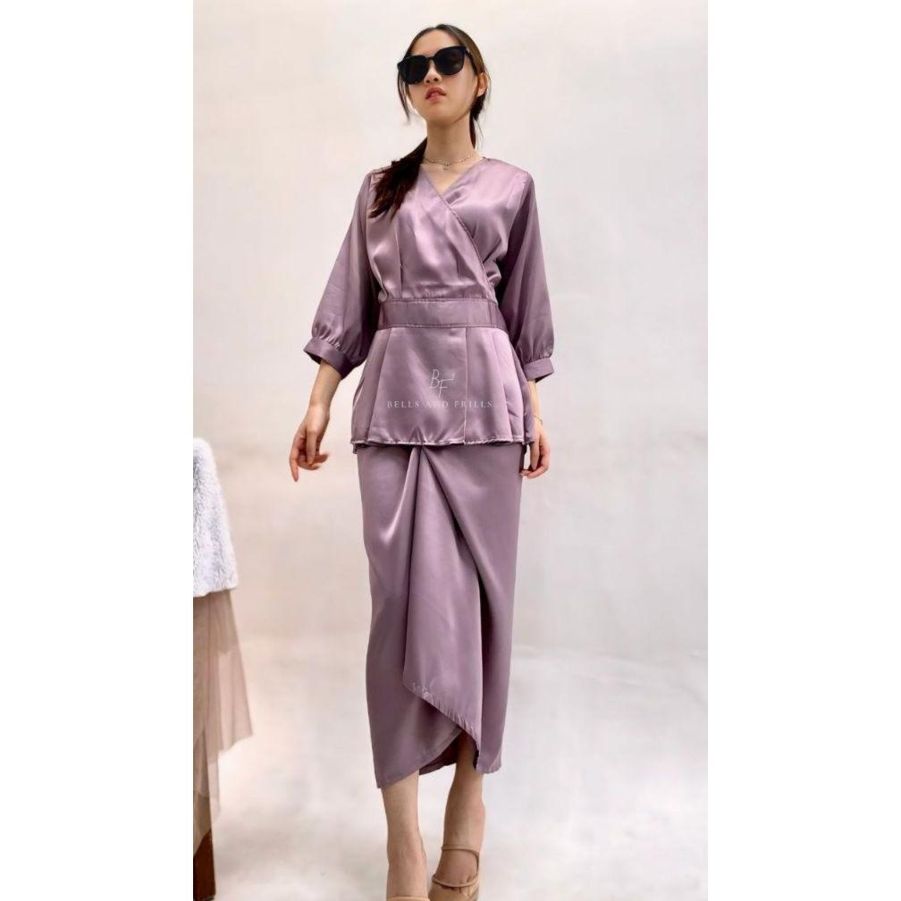 Berkualitas Naura One Set Rok Lilit Satin + Kimono Blouse / Set Satin Wrap Skirt Kondangan / Oneset 