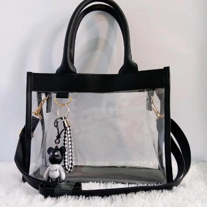 FREE ONGKIR TAS TRANSPARAN TAS PVC KONSER TAS PLASTIK HITAM WANITA SELEMPANG