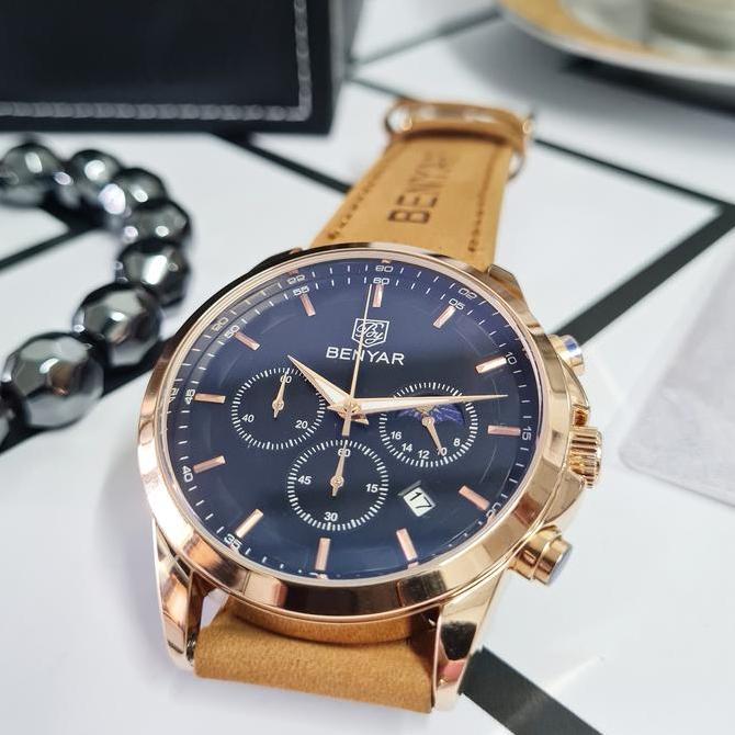 Jam Tangan Pria Orinal BENYAR Aura Quartz Baterai Chrono Chronograph Gold Rose Coklat Brown Kulit Le