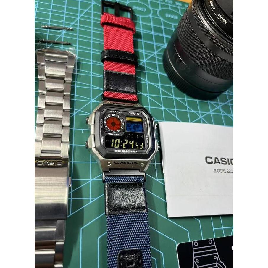 Modified jam tangan pria Casio AE-1200, colorful polarised LCD, hydromod case and elastic nato strap
