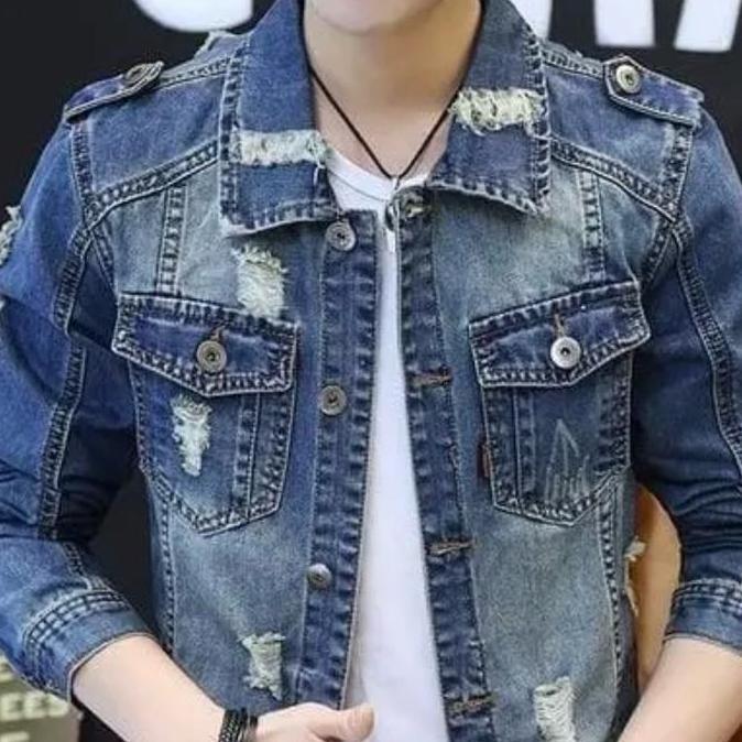 Jaket Jeans Denim Pria Sobek Polos Premium Cowok Keren Hitam Distro Casual Blazer