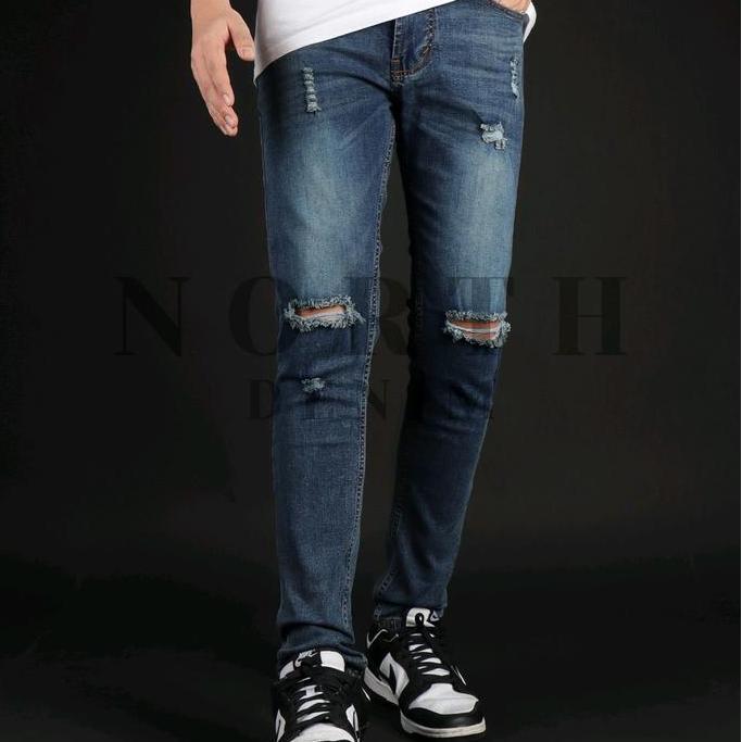 North Denim Celana Jeans Denim Panjang Pria Strech Ripped Non Patch - Snow Blue