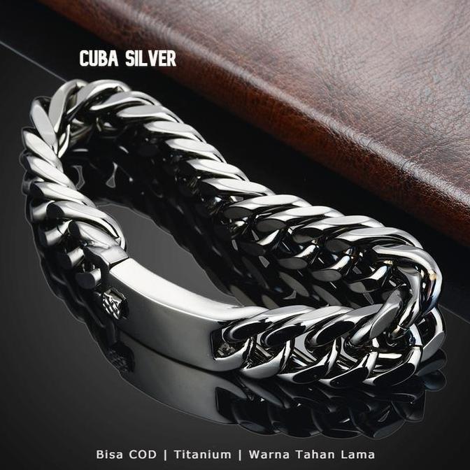 Gelang Titanium Pria Gelang Pria Cuba SIlver Gold