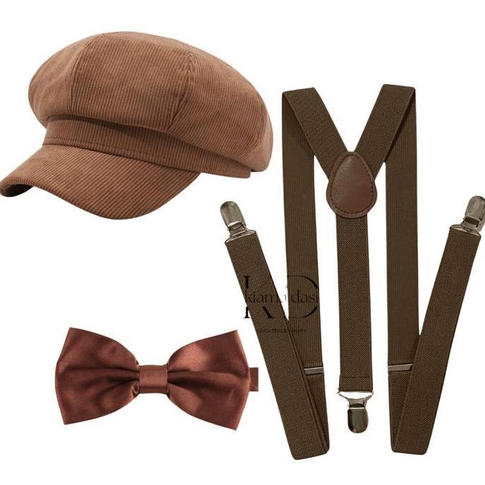 Suspender + Dasi Kupu + Topi Outfit Yearbook Vintage Coklat Fedora Newsboy Enola Holmes [terbaik]