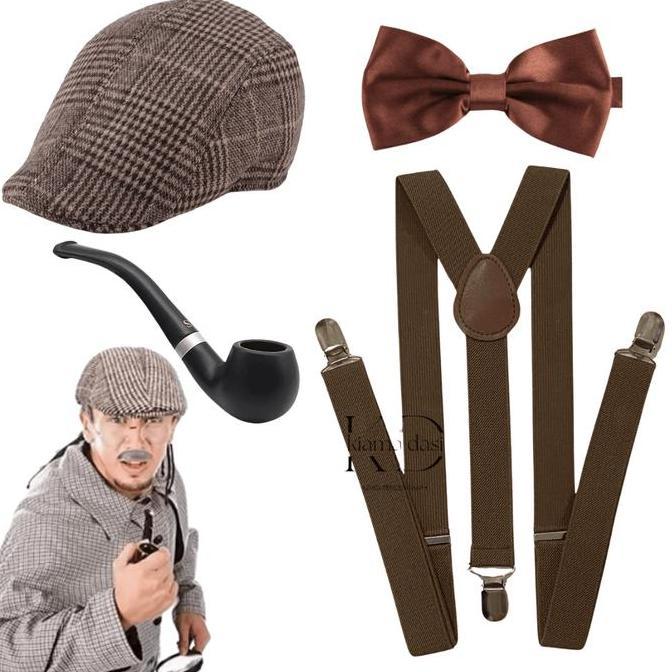 Suspender + Dasi Kupu + Topi Outfit Yearbook Vintage Coklat Fedora Newsboy Enola Holmes [terbaik]