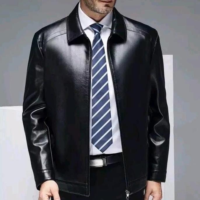 ERKAPROLEATHER- Jaket Kulit Pria, Jaket Mafia Kerah Kemeja- 100% Kulit Domba Asli Garut- Warna Hitam