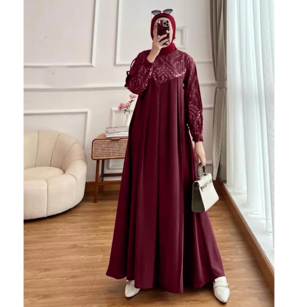 GAMIS WANITA AMEENA BAHAN CERUTY BABYDOLL MIX BRUKAT TILE DRESS KONDANGAN GAMIS WARNA HIJAU DRESS GA