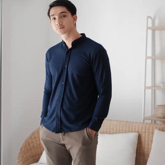 DISKON ALJOSA KEMEJA PRIA POLOS NAVY BIRU DONGKER LENGAN PANJANG KERJA KANTOR SLIMFIT BAJU COWOK HEM