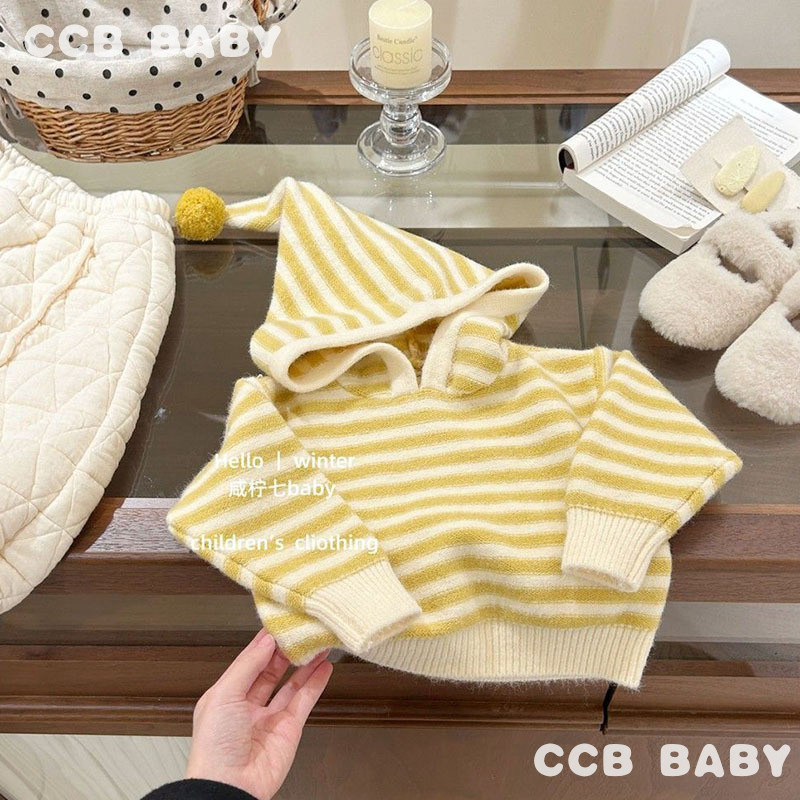 [CCB BABY]Sweater Rajut Hoodie Garis Kuning Lucu Santai Oversize Musim Dingin Anak