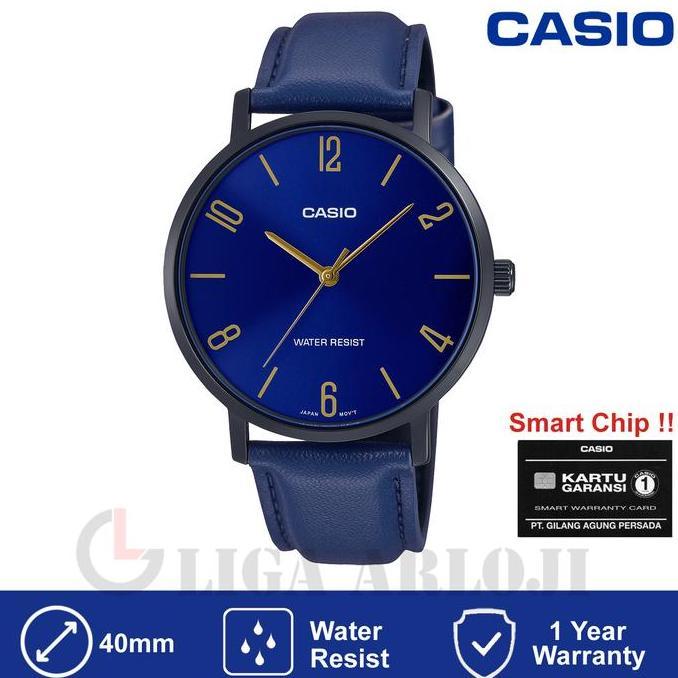 Casio Mtp-Vt01Bl-2Budf Jam Tangan Pria Analog Tali Kulit Biru Original