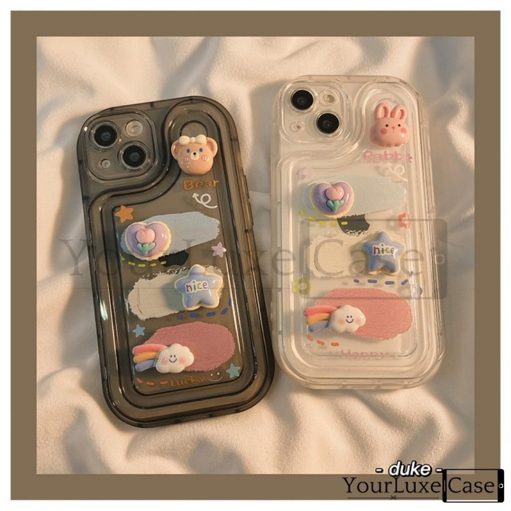 Cuci Gudang 4D Fluffy Bunny And Bear Clear Case Hp Casing Iphone 7 8 X Xr Xs 11 12 13 14 15 16 Plus 