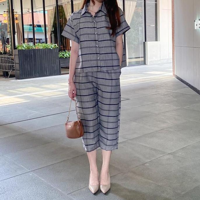 PAULA SET one set setelan wanita womans set Baju Celana kotak-kotak