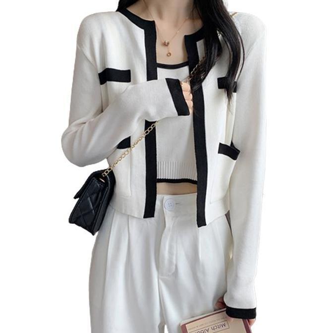 CARDIGAN TANK TOP SET 2 PCS KNIT WANITA Baju Hitam Putih Kombinasi Atasan Basic Setelan Outer Tankto