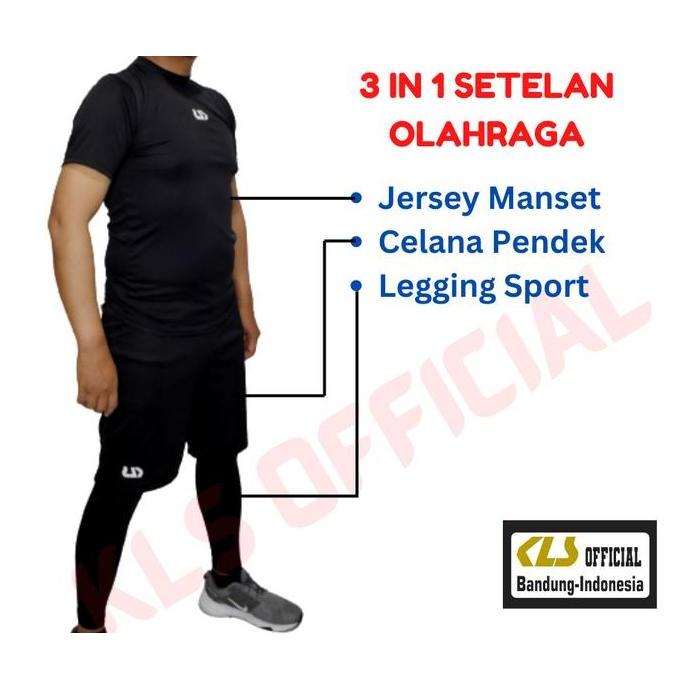 3 in 1 Setelan Olahraga Baselayer Manset Tangan Pendek Celana Legging Set Pakaian Baju Sport Pria