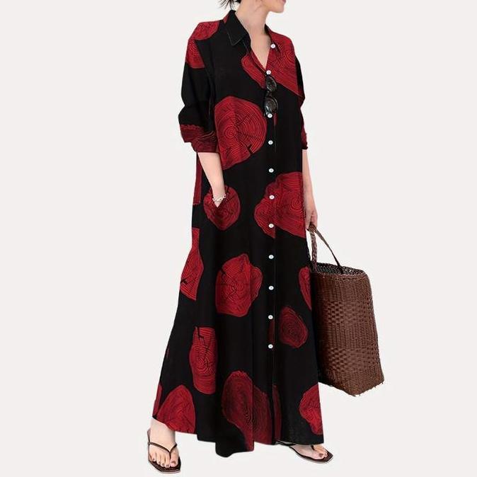 Xyxy- Gdtima Dress Hitam Santai Motif Vintage Gamis Wanita Pendek Merah Pantai Dress Lengan Panjang 