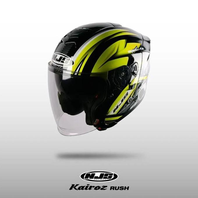 FYP NJS KAIROZ DV RUSH HITAM - KUNING FLUO GLOSS/DOFF -  HELM HALF FACE (DOUBLE VISOR) | NJS DV | KA
