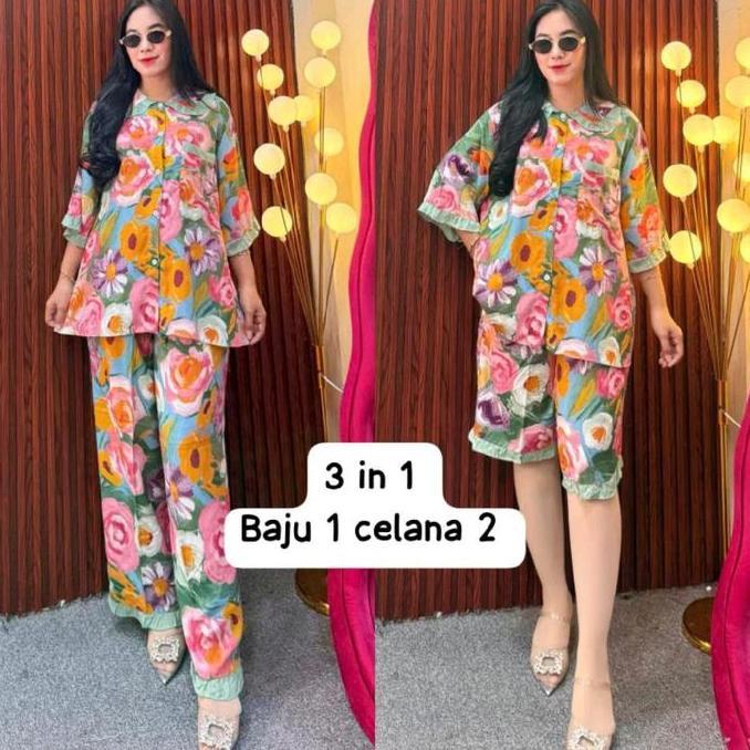 Grgd- Meidina Set 3In1 Setelan Baju Wanita (2 Celana 1 Baju) Rayon Panjang Motif