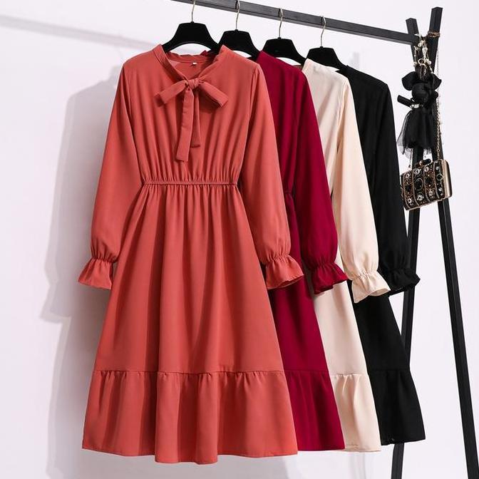 Xyxy- Warna Solid Hitam Merah Wanita Midi Dress Korea Lengan Panjang Muslimah Motif Bunga Panjang Ga