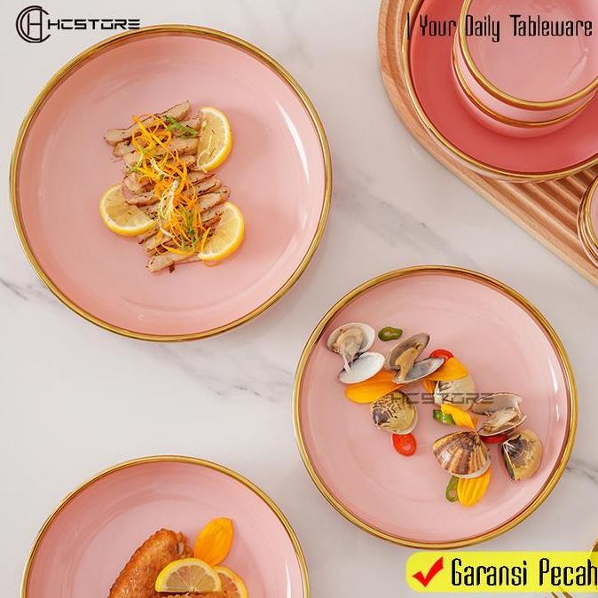 Terpopuler- Hcstore [Harga Satuan] Piring Dan Mangkuk Keramik Sultan Warna Pink Gold Mewah Microwave