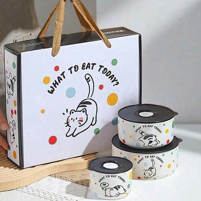 Terpopuler- Three Piece Set Sealed Bowl Instant Noodle Bowl Set Gift Microwave / 3 Pcs Set Mangkok T