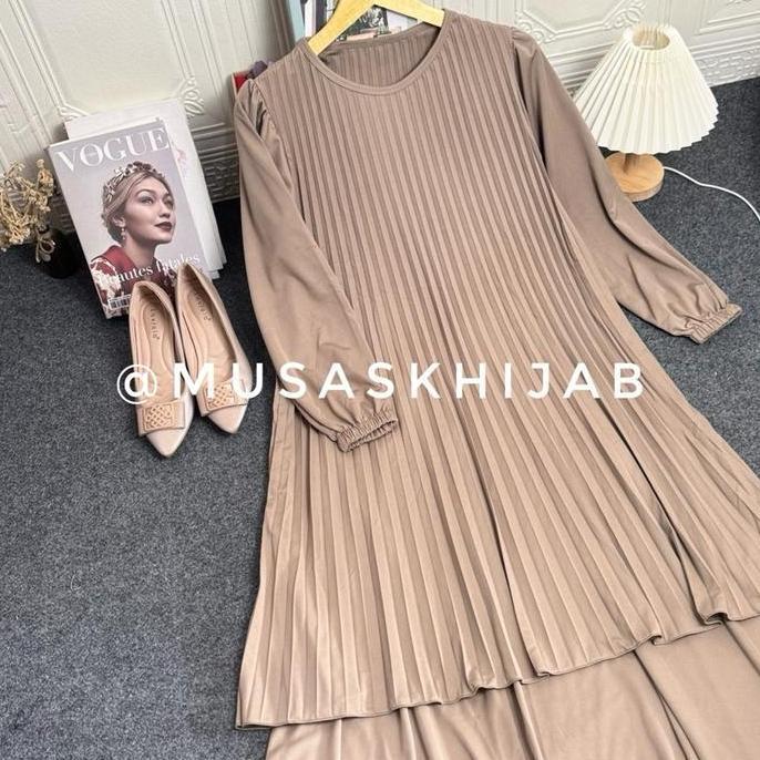 Busananew- Tunik Plisket / Oneset Plisket Payung Polos / Setrok Setelan Rok Oneset Malaysia Plisket 