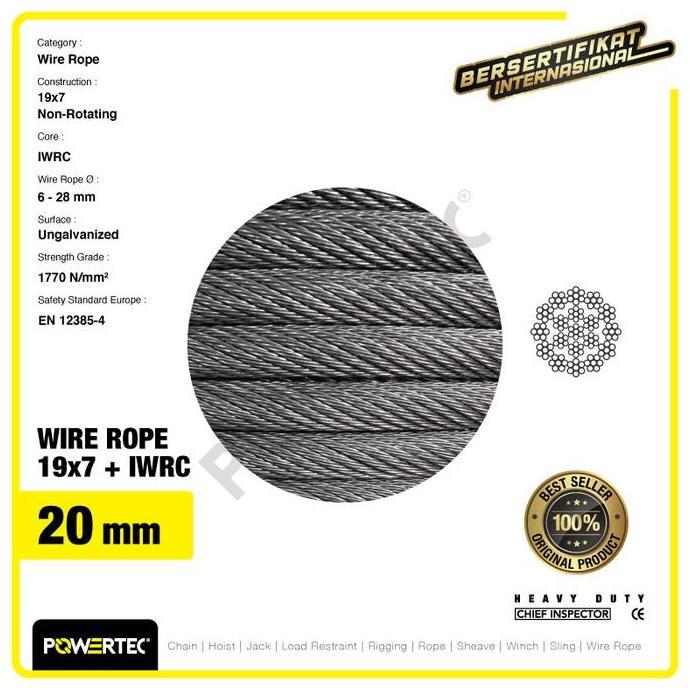 Wire Rope / Kawat Seling Baja 19x7 IWRC 20mm NR POWERTEC - 1 Meter (TERBAIK) (TERBARU) (TERMURAH)