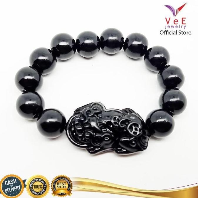 Cod,Bisa- Gelang Batu Giok Hitam Black Jade Cina Asli 13Mm Bandul Pixiu - Vee