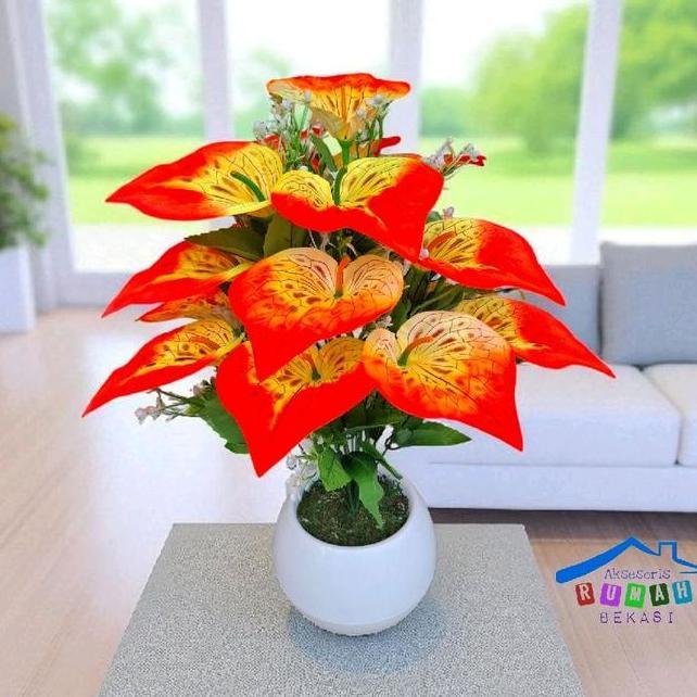 Bunga Plastik Anthurium Aron Panda 18 Kuntum Bunga Dengan Pot Dekorasi El Bola