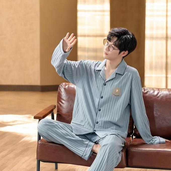 Baju Tidur Piyama Setelan PP Cowok Pria Dewasa Bahan Kaos Katun Lengan Panjang Celana Panjang Model 