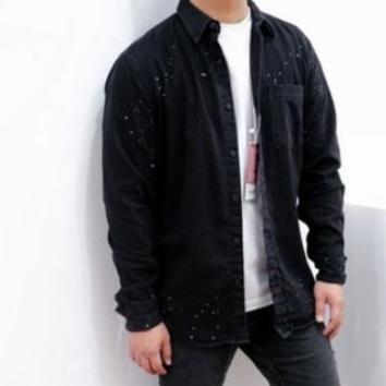 FSBN Black Paint Denim Shirts Original - Kemeja Jeans Pria Branded murah