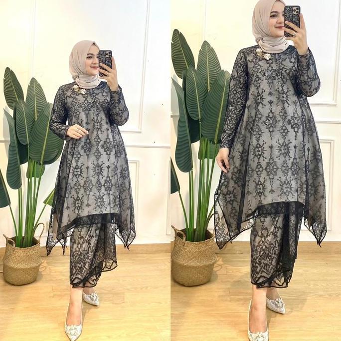 Set Kebaya Khalisa Atasan Tunik dan Rok Baju Kondangan Premium Mix Brokat Motif Etnik - Panjang, Wan