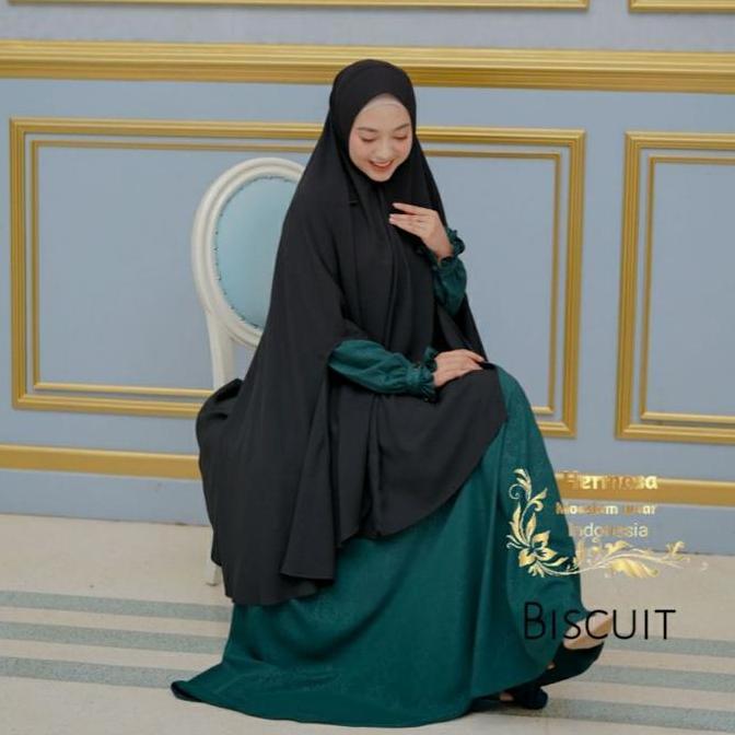 Murah [Gamis Hermosa] Gamis Embos Hermosa Motif Biscuit Warna Hijau Botol-Gamis Hermosa Motif Biscui