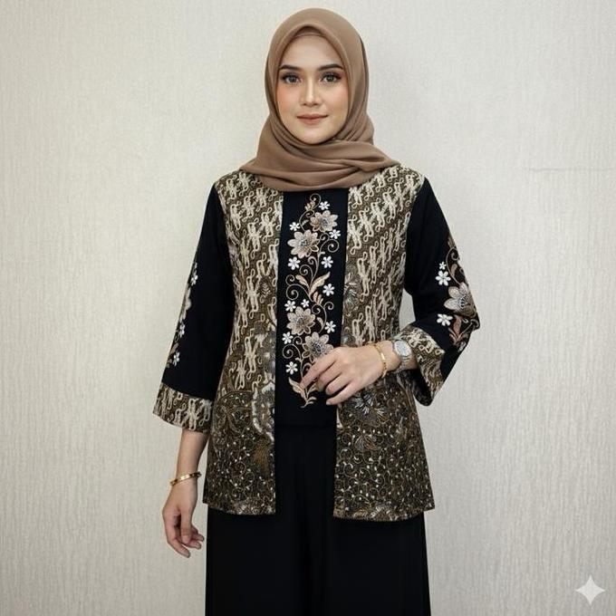 Murah Atasan Batik Blouse Wanita Bordiran Premium Kain Katun Doby Elegan L Batik Cewe Mewah Kantor K