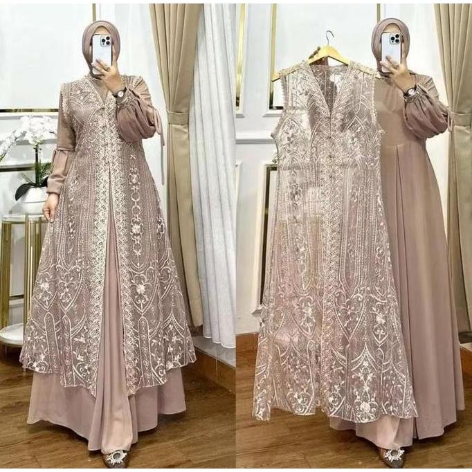 Promo Naura Gamis Kondangan Terbaru Ceruty Babydol Mix Brokat Busui Warna Burgandy Dress Pesta Mewah