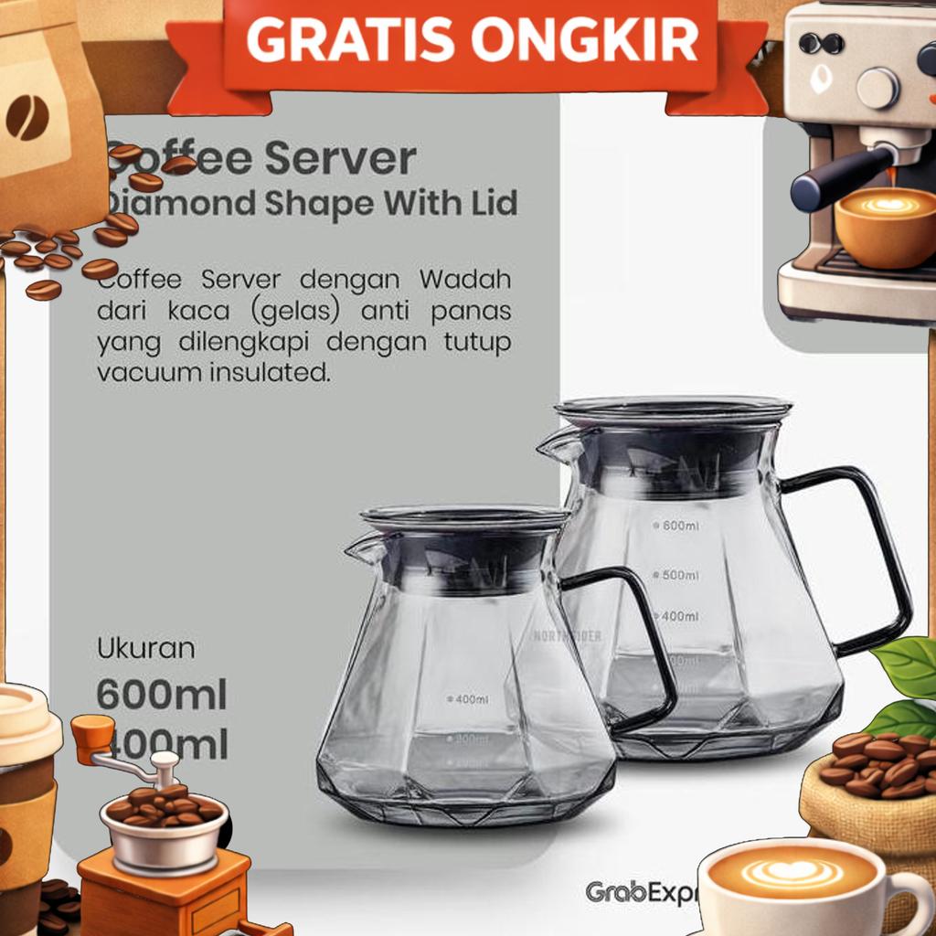 V60 Coffee Server Kopi 400Ml & 600Ml Diamond Shape With Lid