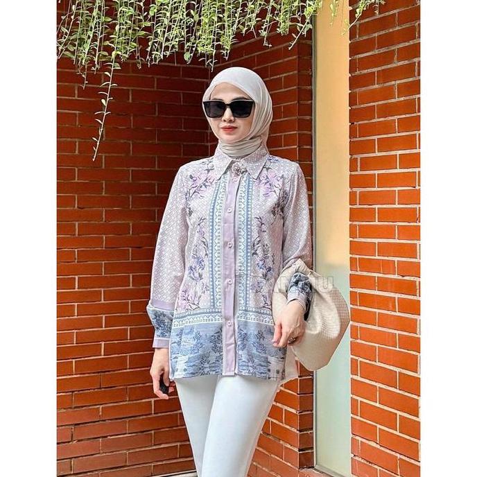 FANMU blouse satin silk premium wanita/kemeja brukat lengan panjang wanita Biru Bunga