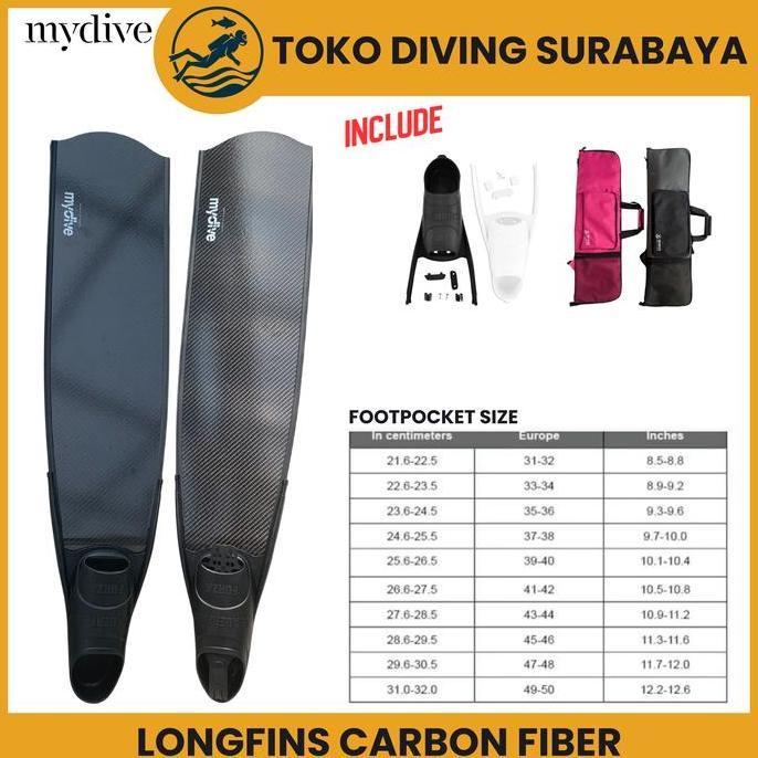 FREEDIVING LONGFINS MYDIVE CARBON FIBER FOOTPOCKET LEADERFINS WITH BAG