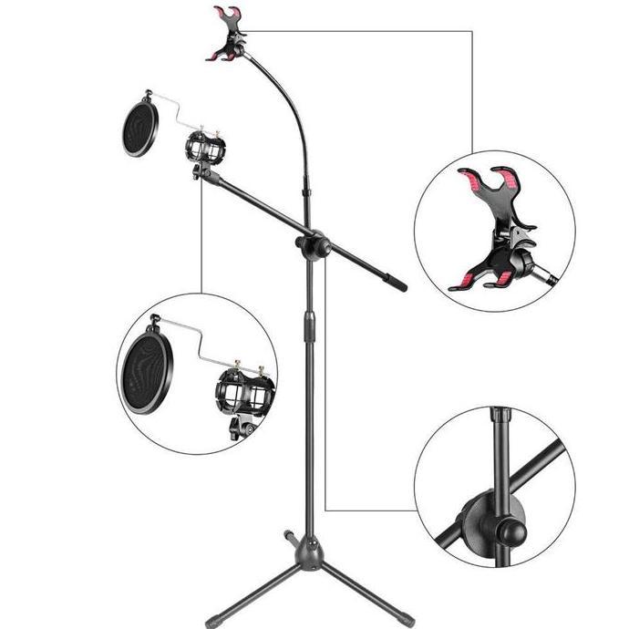 Newall-- Stand Microphone Degree Stand Mic Lantai Berdiri Microphone Dengan Holder Hp Tripod Mic Con