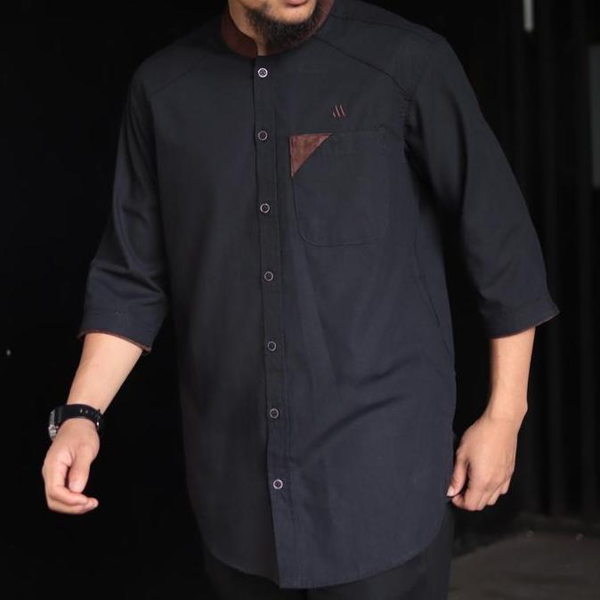Baju Kemeja Koko Kurta Pria Lengan Panjang Muslim 3/4 Marajo Full Katun Kurta Dewasa Hitam Pendek