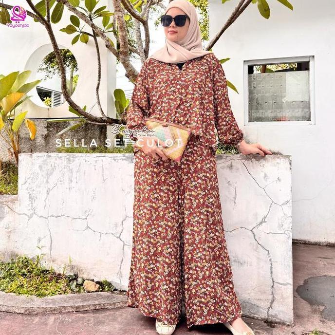 Cantek- Sella Set Kulot Oneset Rayon Motif Premium Lengan Panjang Celana Panjang Hightwaist Terbaru 