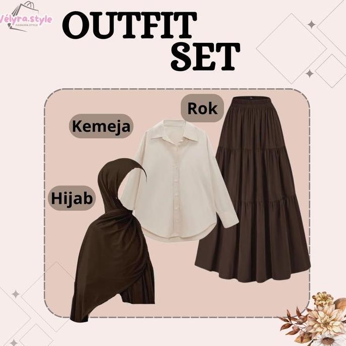 Sale Ootd Wanita Rok Style ( Kemeja Basic , Rok Susun , Pasmina Jersey ) Ootd Kekinian Vs2Q Atasan