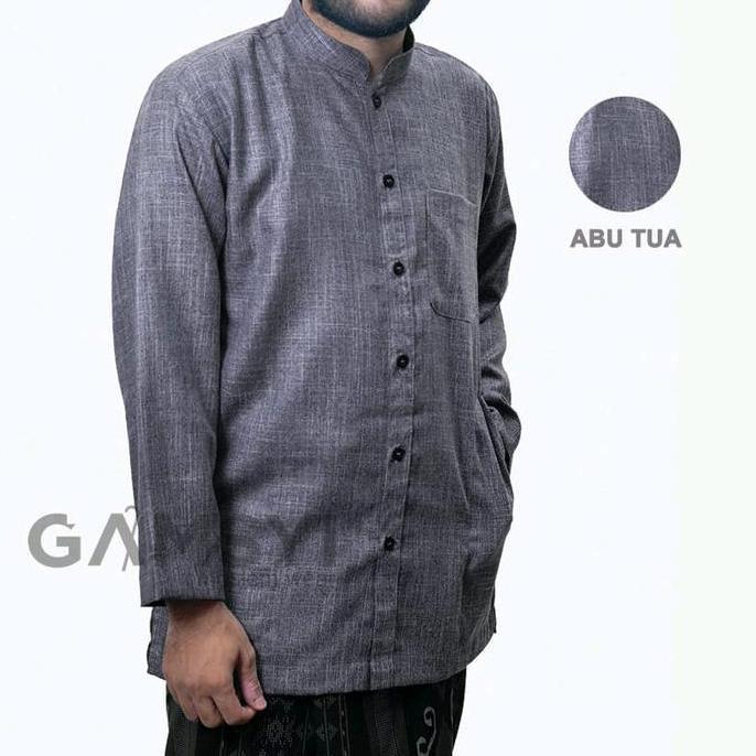 Baju koko linen polos habaib kerah samghai/ Koko Gamsyi lengan panjang Putih Muslim Pria Casual Nyam