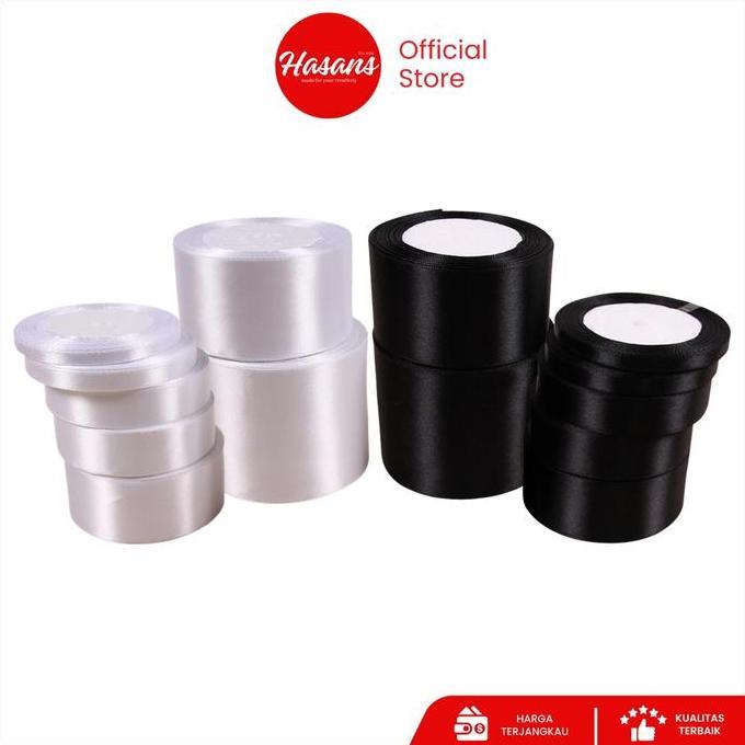 [1 Roll] Pita Satin Polos Putih Hitam 1 1/2 Inch / Pita Kain Putih Hitam 4 Cm / Pita Kado Hadiah / P