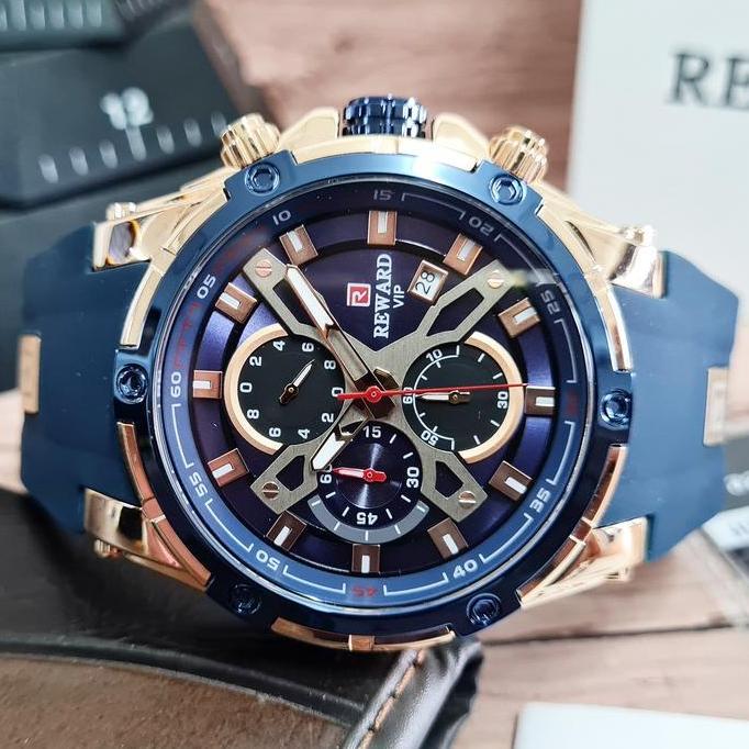 Wgwg- Jam Tangan Pria Original Reward Blade Biru Blue Navy Analog Quartz Baterai Chronograph Chrono 