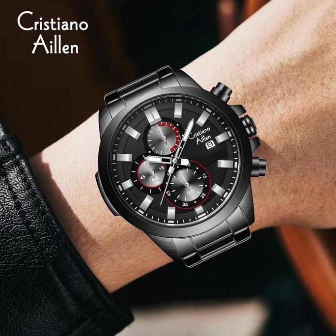 Wgwg- Cristiano Aillen Jam Tangan Pria Analog 8892 Rantai Stainless Steel Chronograph Kaca Sapphire 